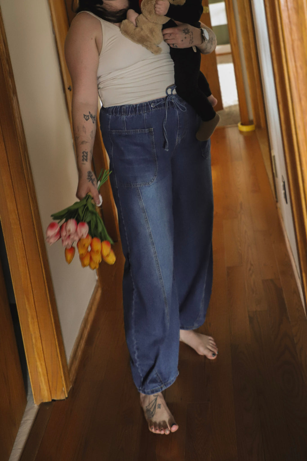 Ladies Elastic Waist String Tie Pocket Denim Pants