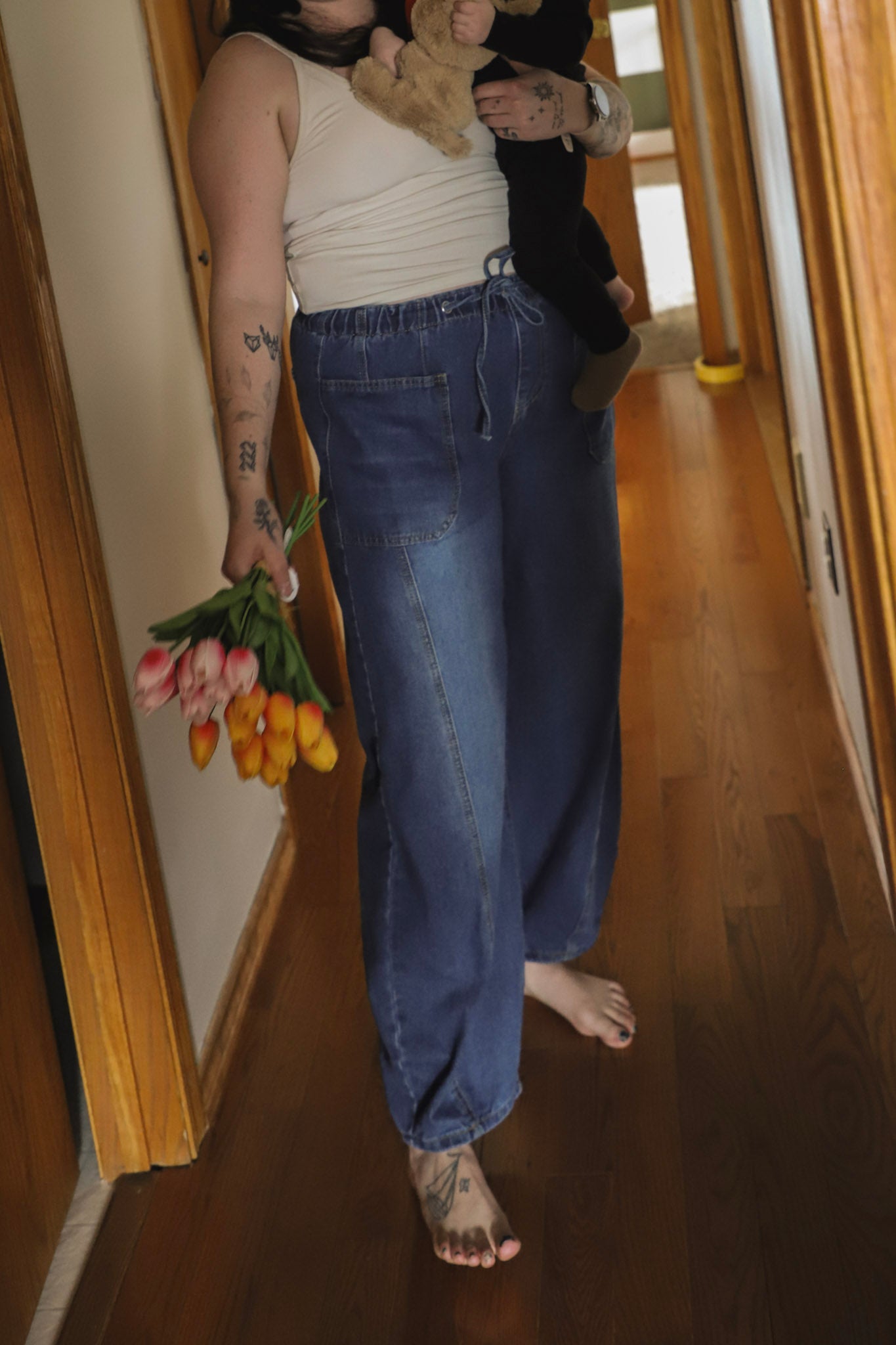 Ladies Elastic Waist String Tie Pocket Denim Pants