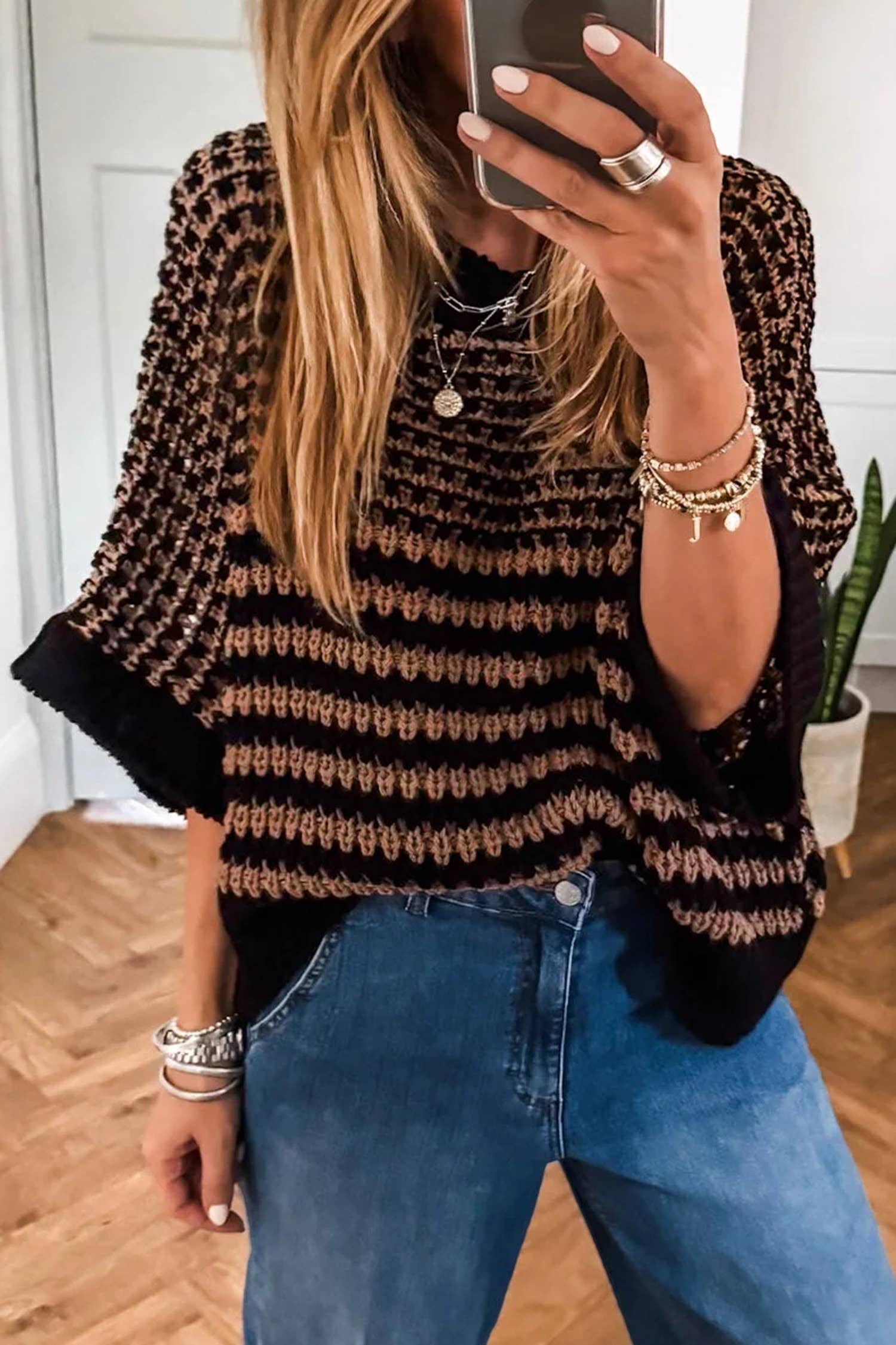 Brown/black 3/4 Sleeve Sweater
