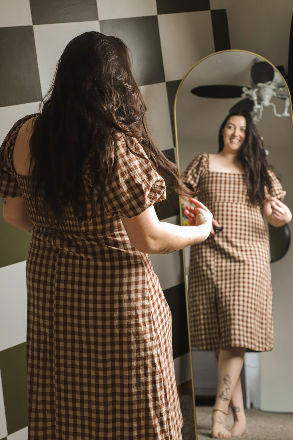 GINGHAM PRINT PUFF SLEEVE DRESS