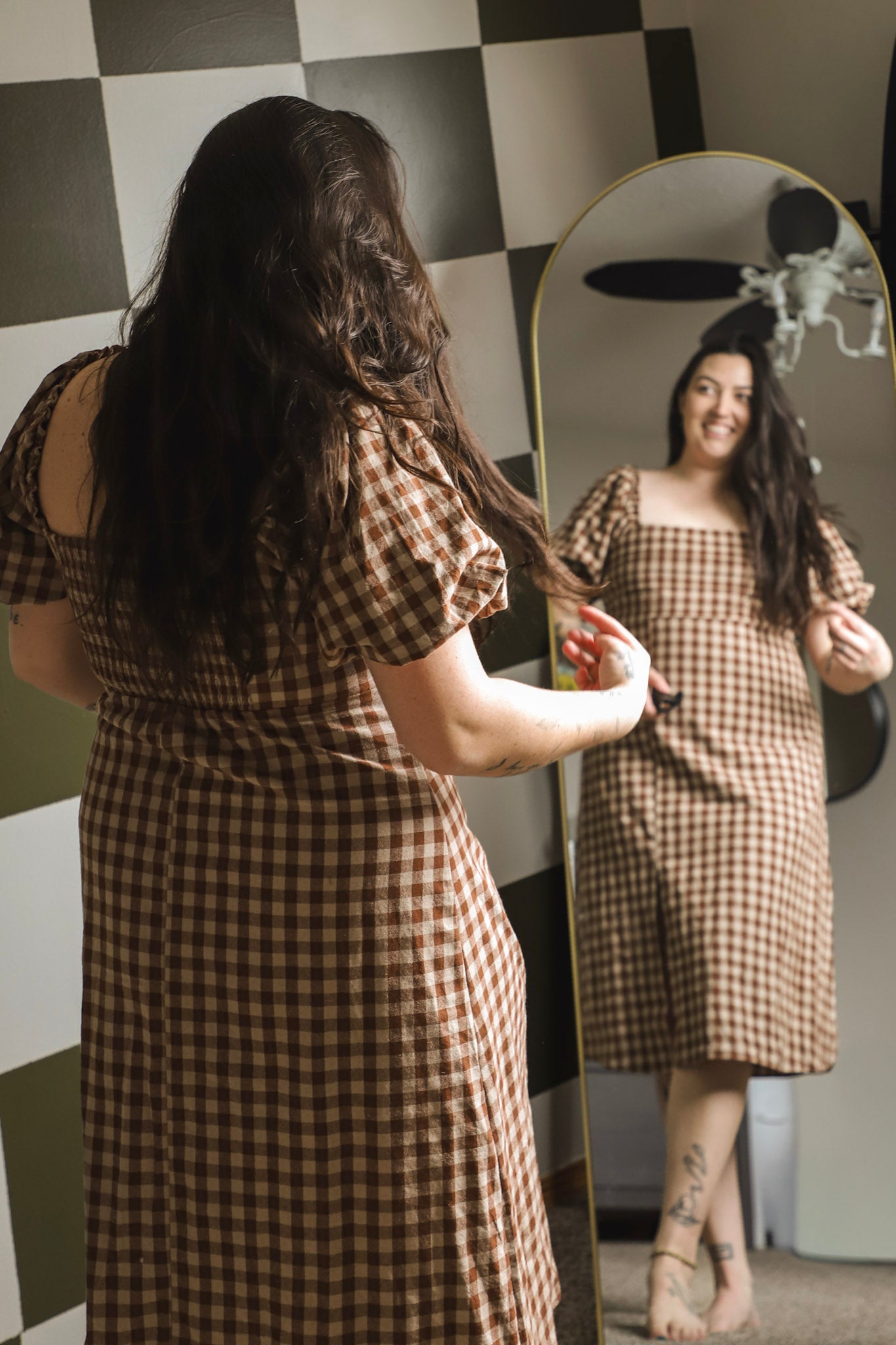 GINGHAM PRINT PUFF SLEEVE DRESS