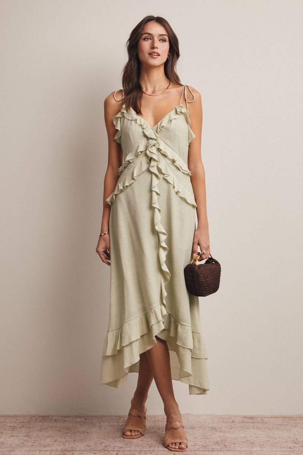 Ruffle Tie-Front Midi Dress