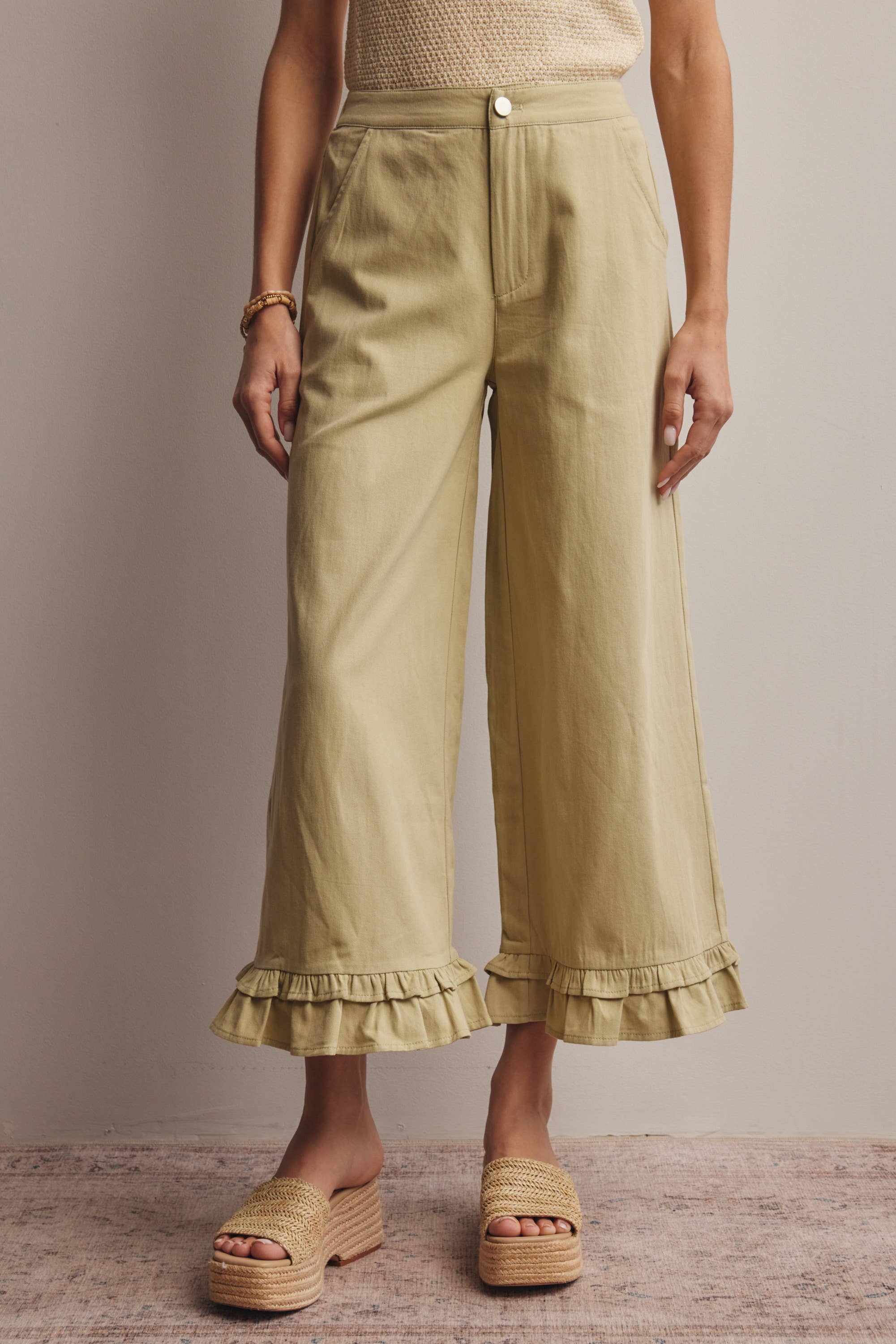 Ruffle Hem Wide-Leg Pants