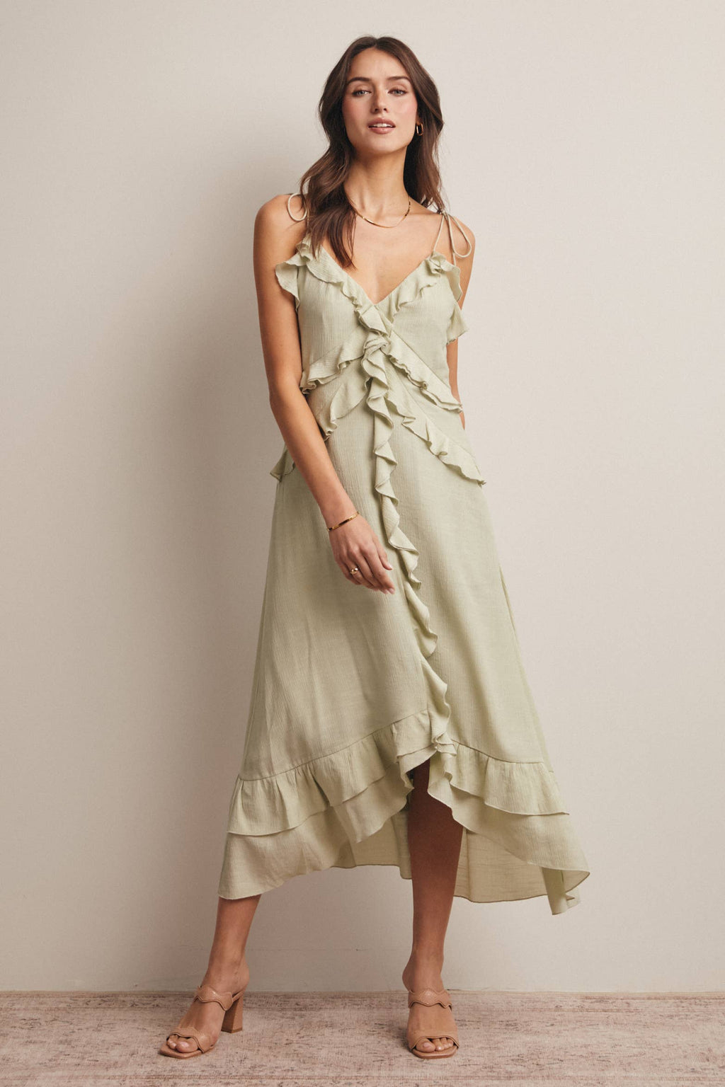 Ruffle Tie-Front Midi Dress