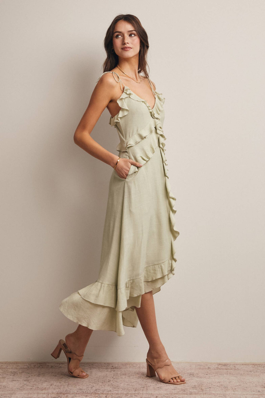Ruffle Tie-Front Midi Dress