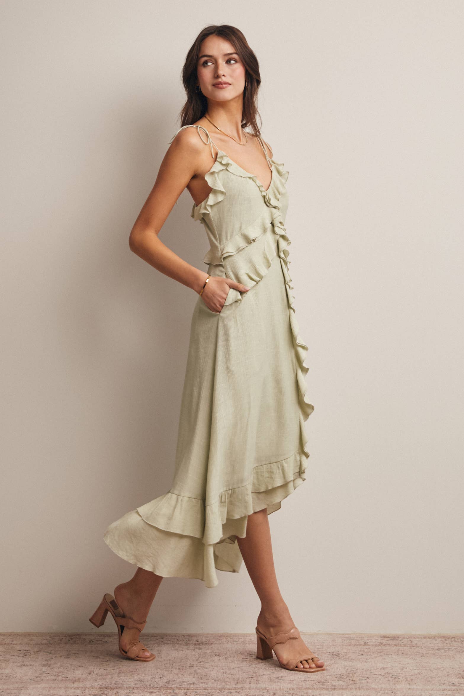 Ruffle Tie-Front Midi Dress