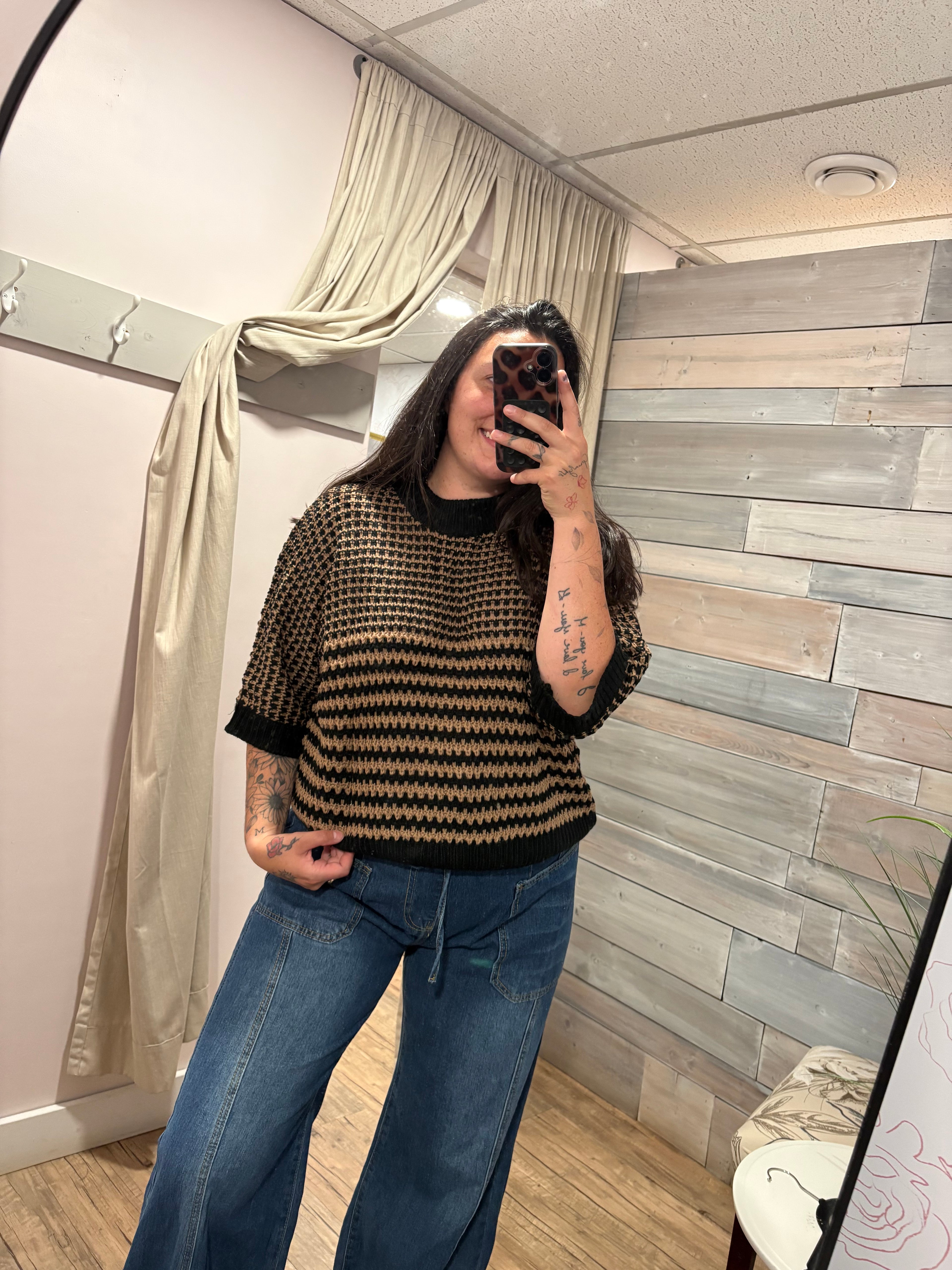 Brown/black 3/4 Sleeve Sweater