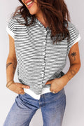 Stripe Trim Cap Sleeve Button Down Spring Cardigan Sweater