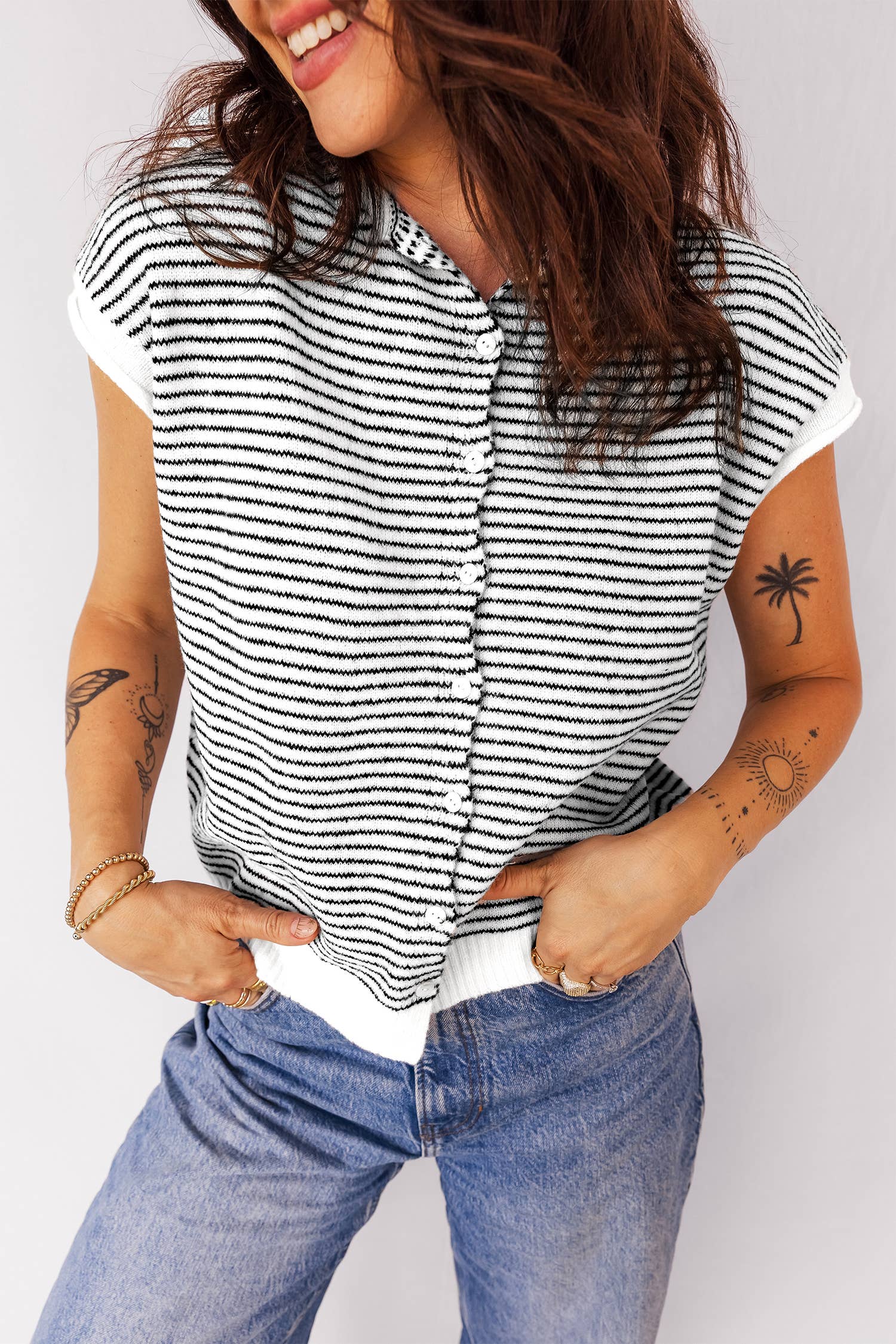 Stripe Trim Cap Sleeve Button Down Spring Cardigan Sweater