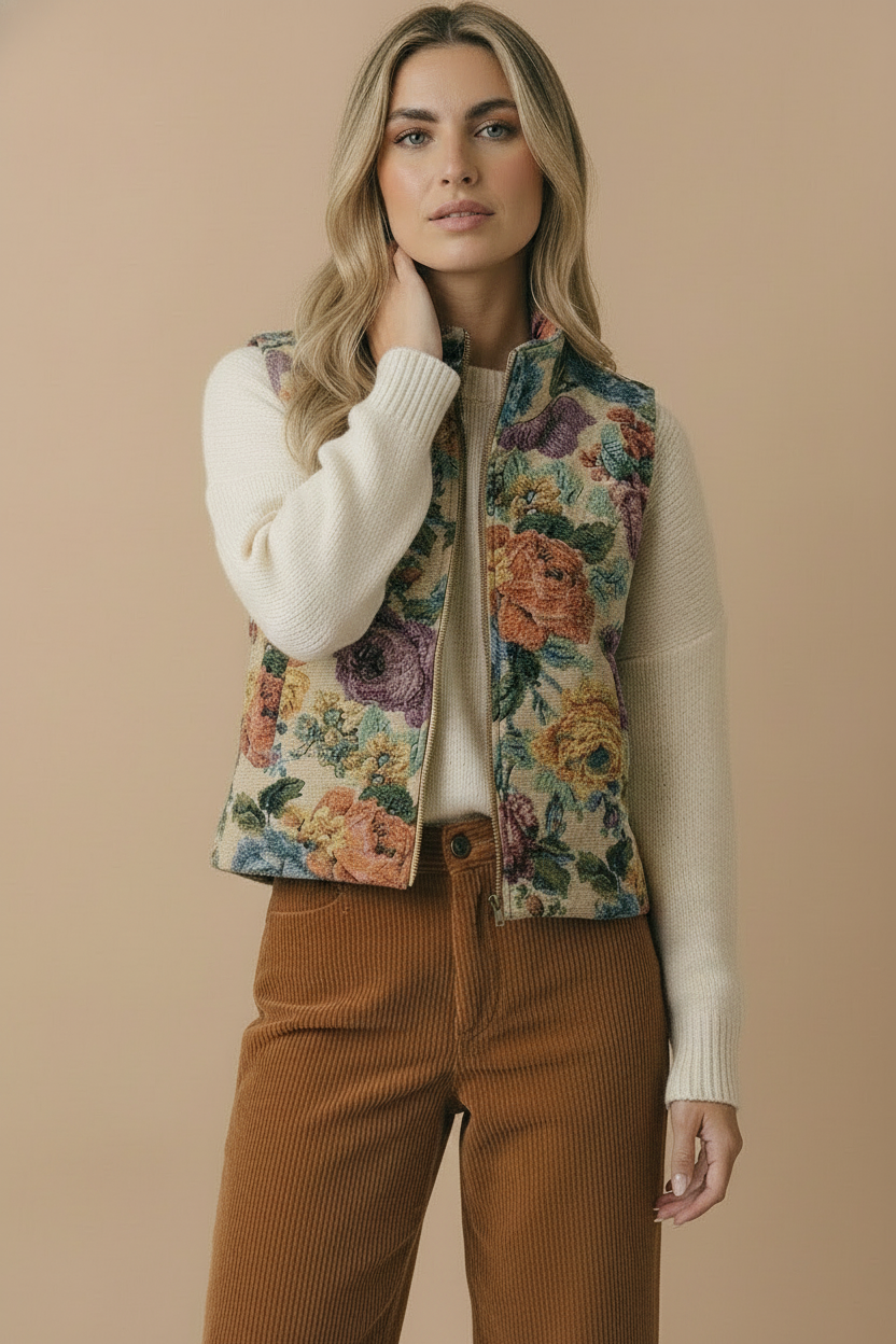 Floral Jacquard Zip Up Vest