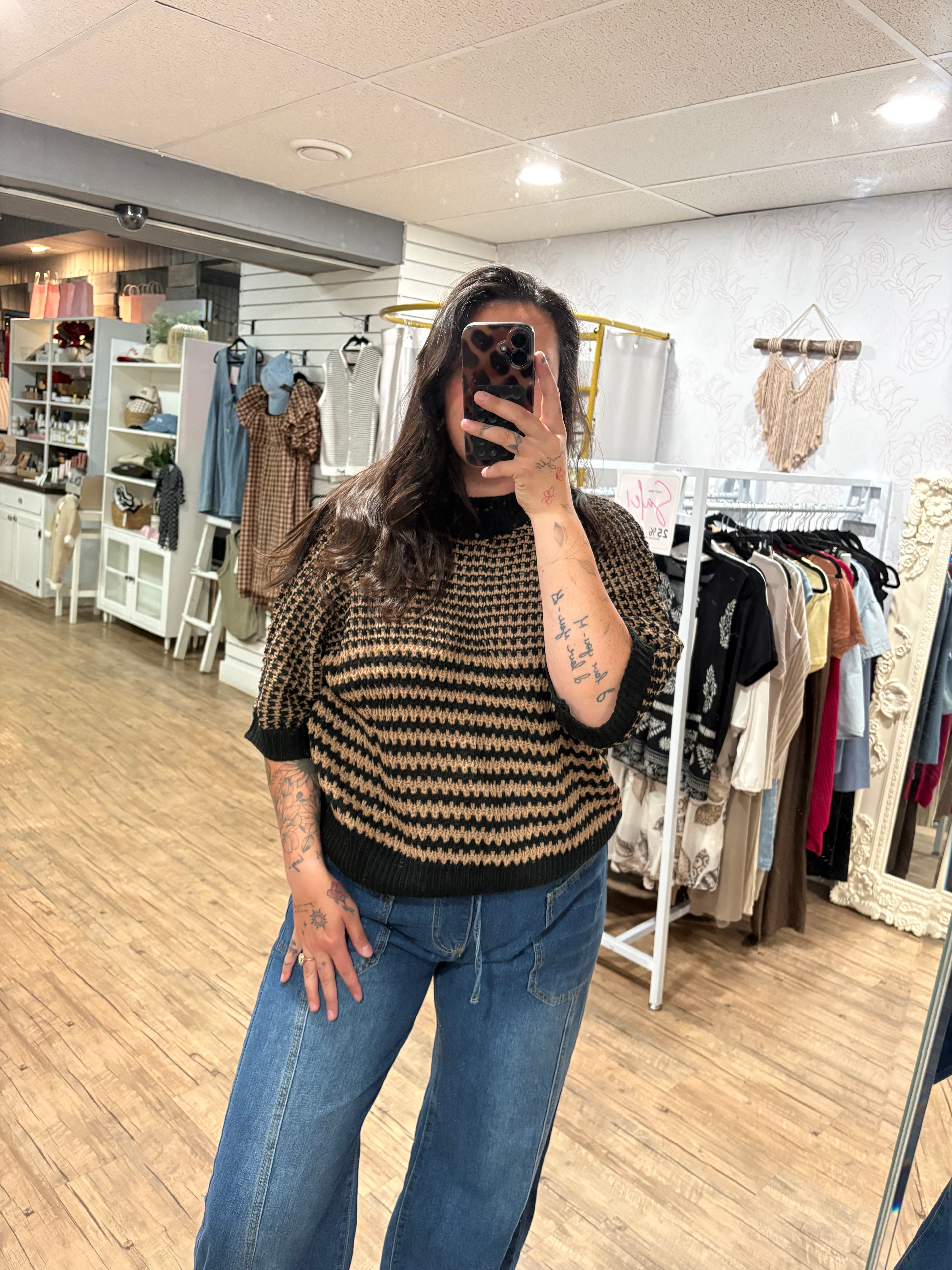 Brown/black 3/4 Sleeve Sweater