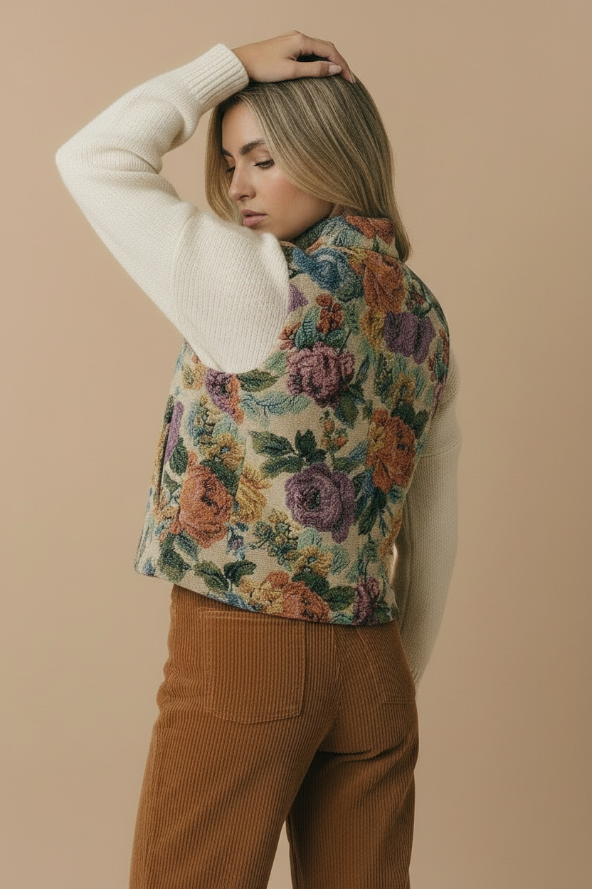 Floral Jacquard Zip Up Vest
