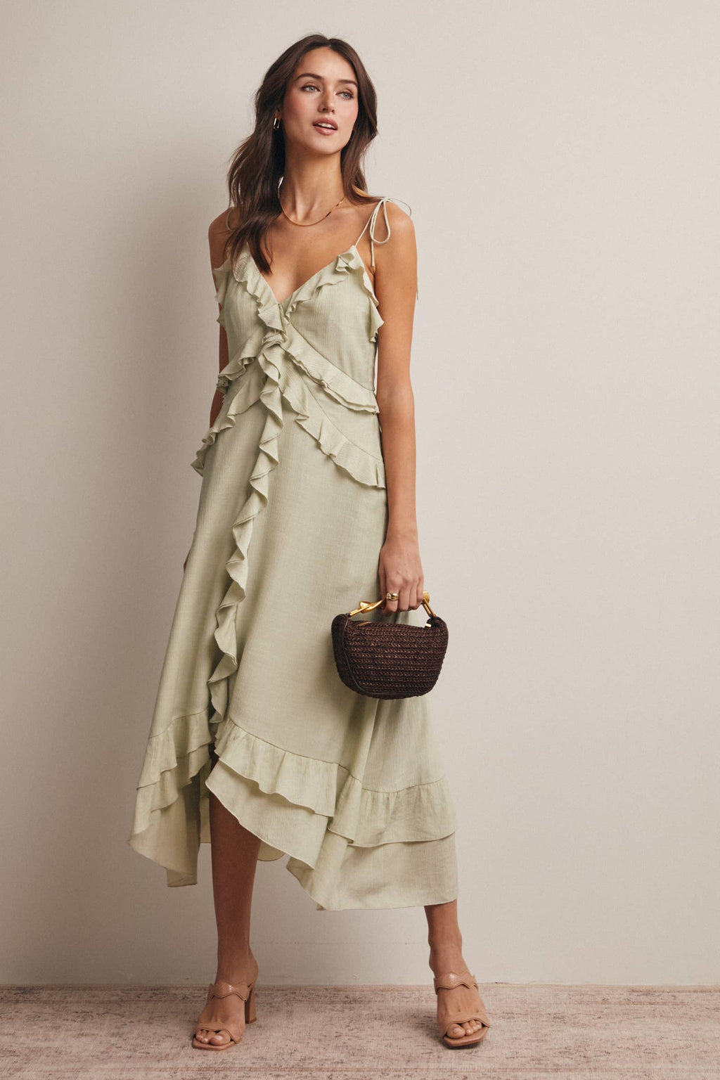 Ruffle Tie-Front Midi Dress