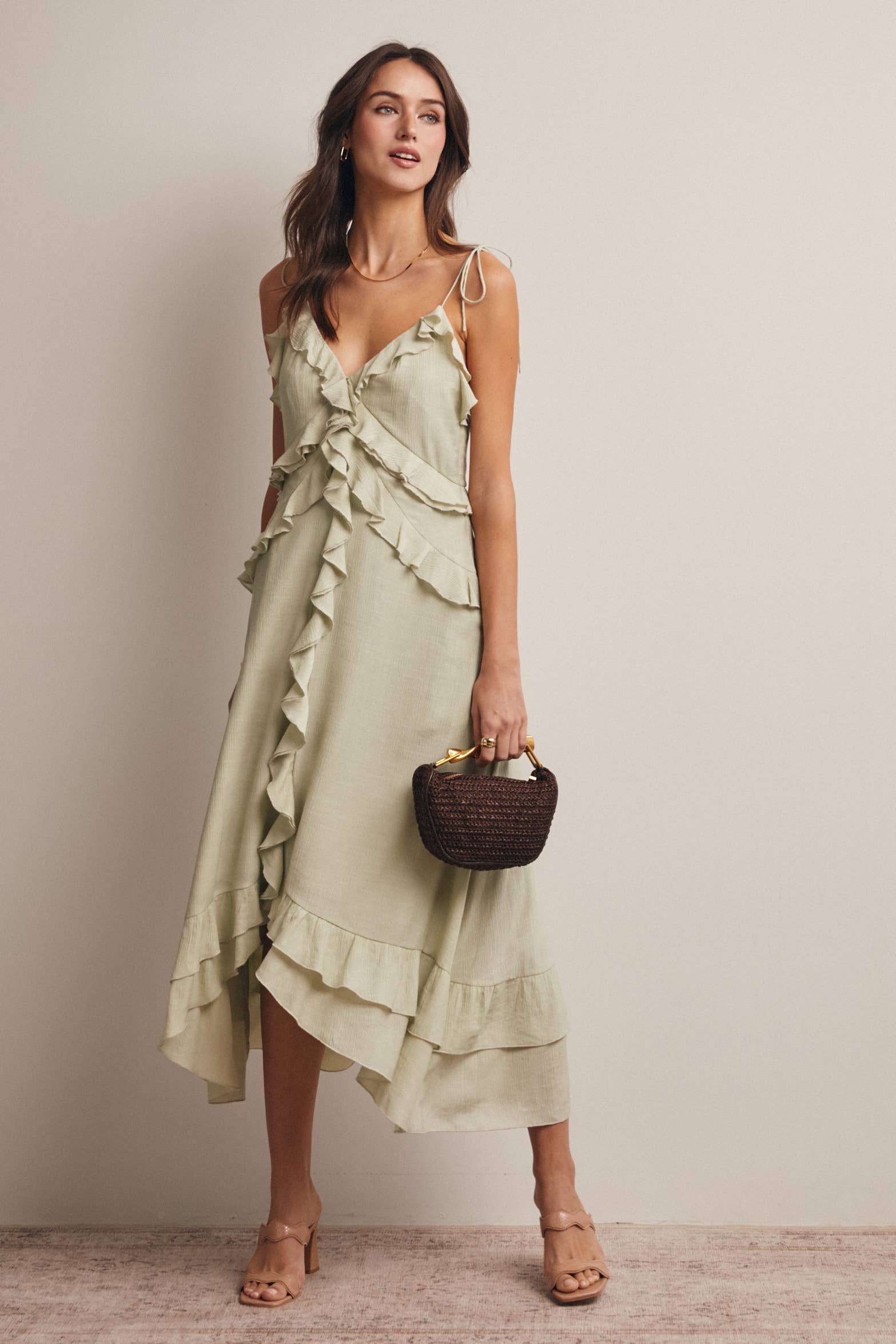 Ruffle Tie-Front Midi Dress