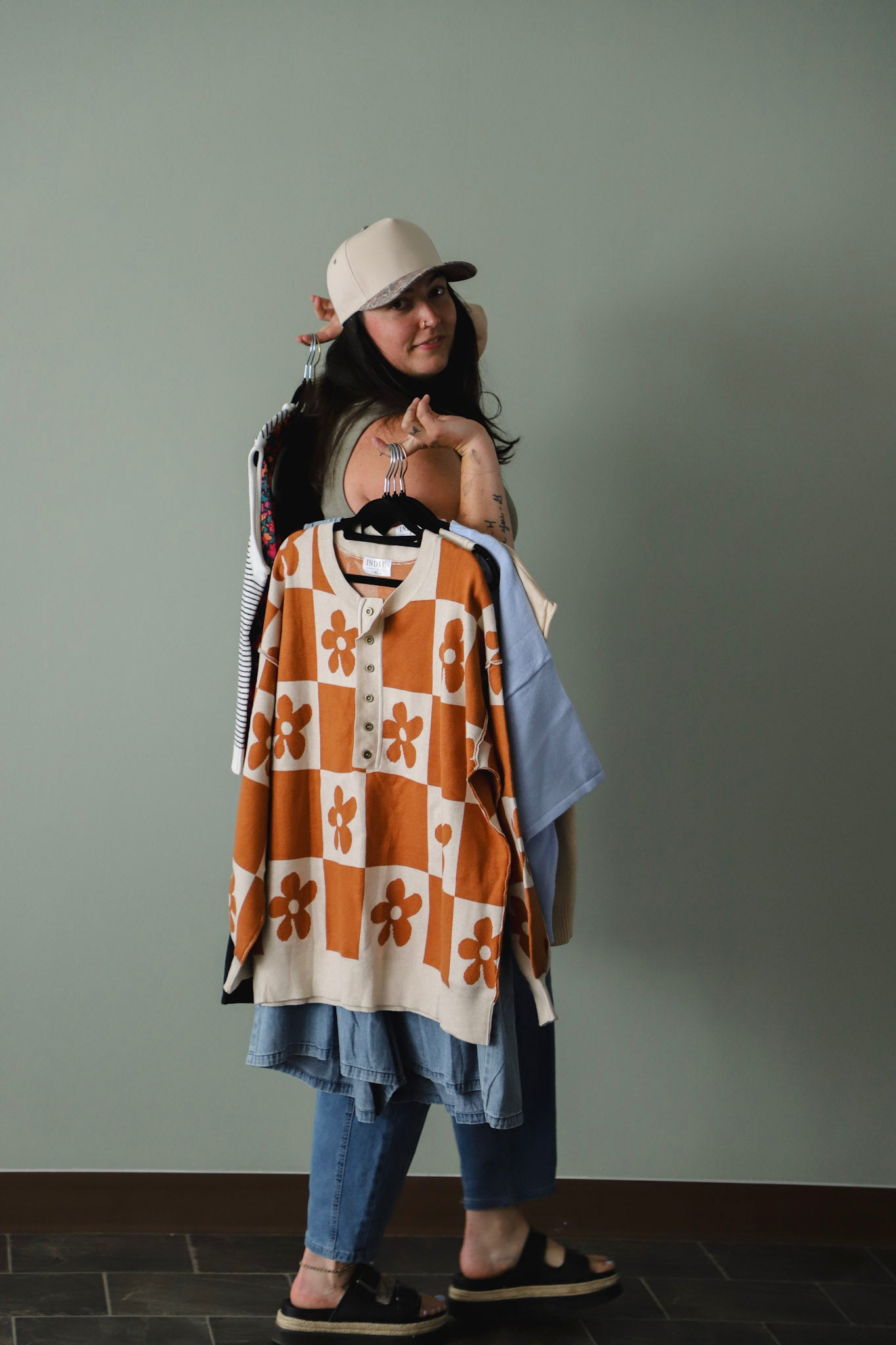 Flower Power Camel Henley Sweater