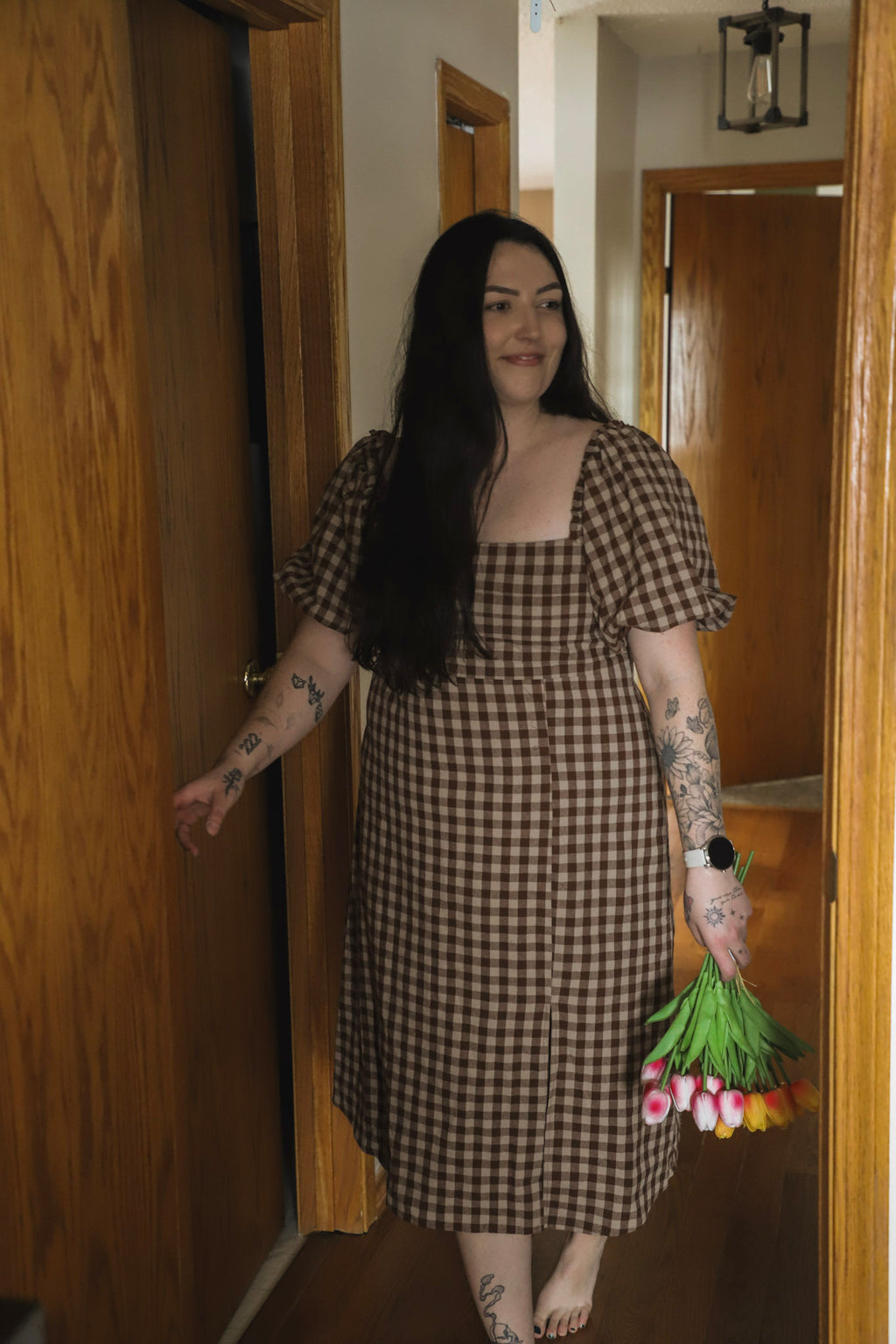 GINGHAM PRINT PUFF SLEEVE DRESS