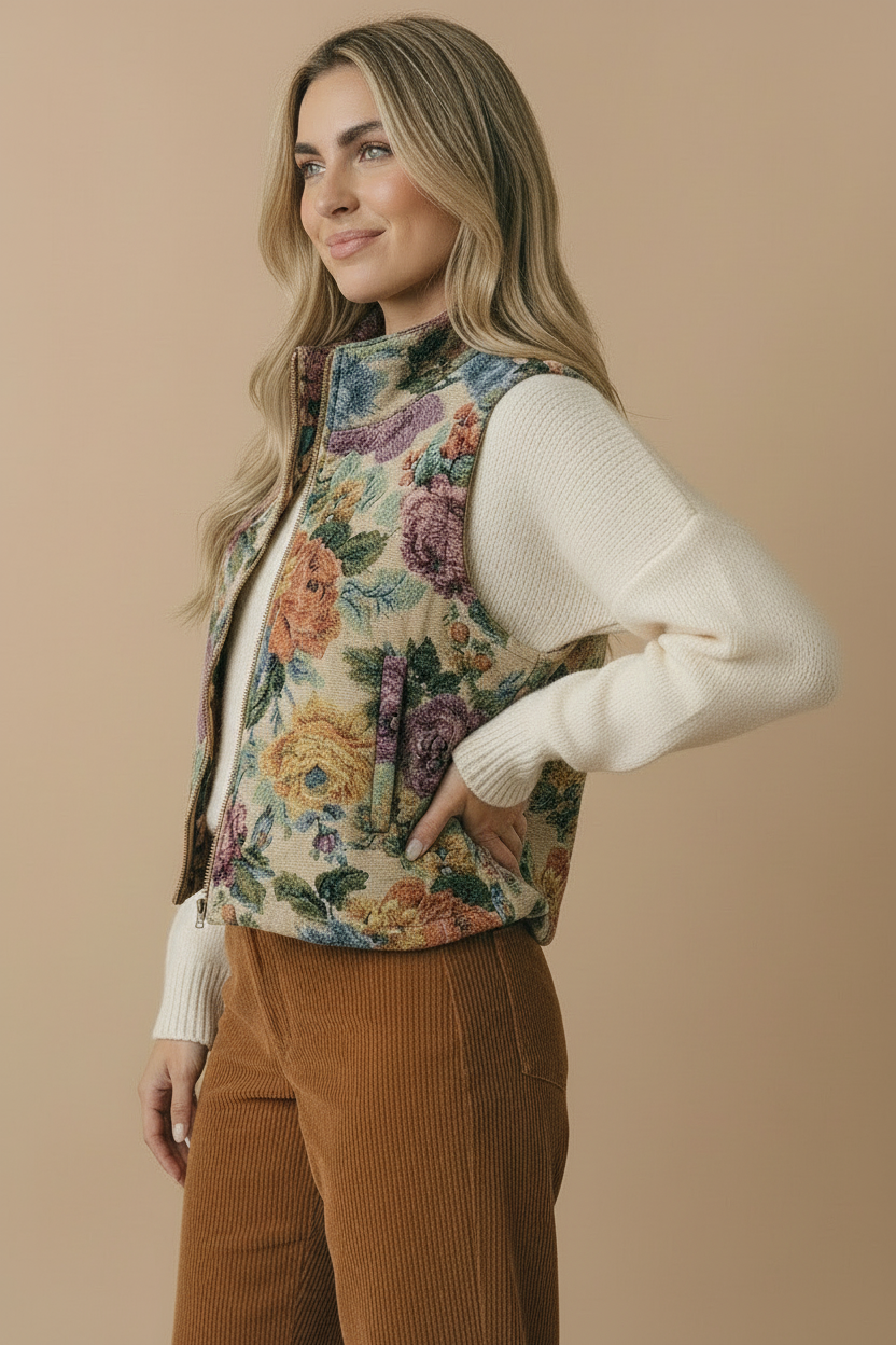 Floral Jacquard Zip Up Vest