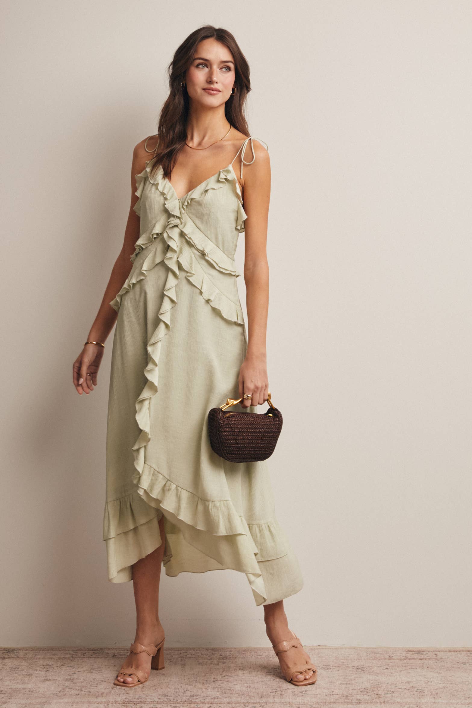 Ruffle Tie-Front Midi Dress