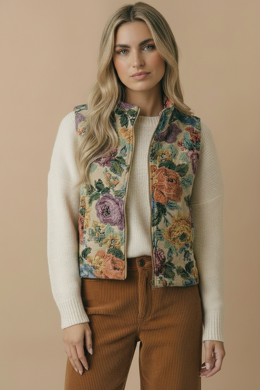Floral Jacquard Zip Up Vest